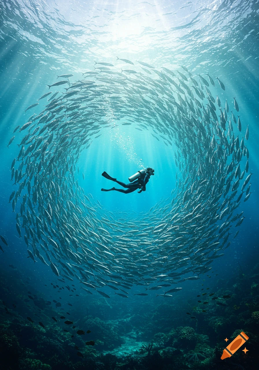 Photorealistic image of a diver in a black wetsuit swimming through a massive swirling school of fish underwater with sunbeams.