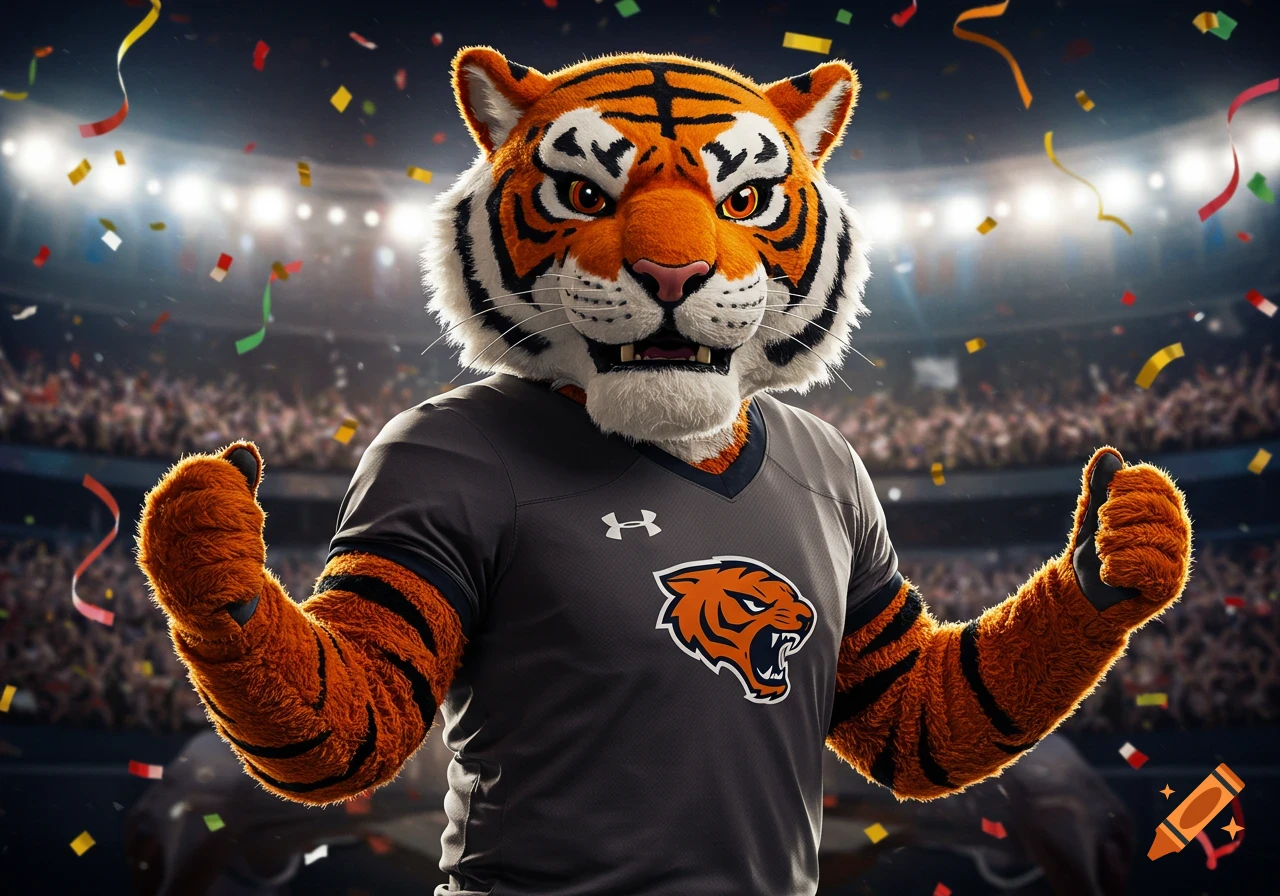 A photorealistic tiger mascot in a gray sports jersey with a team logo, giving two thumbs up in a celebratory stadium filled with confetti.