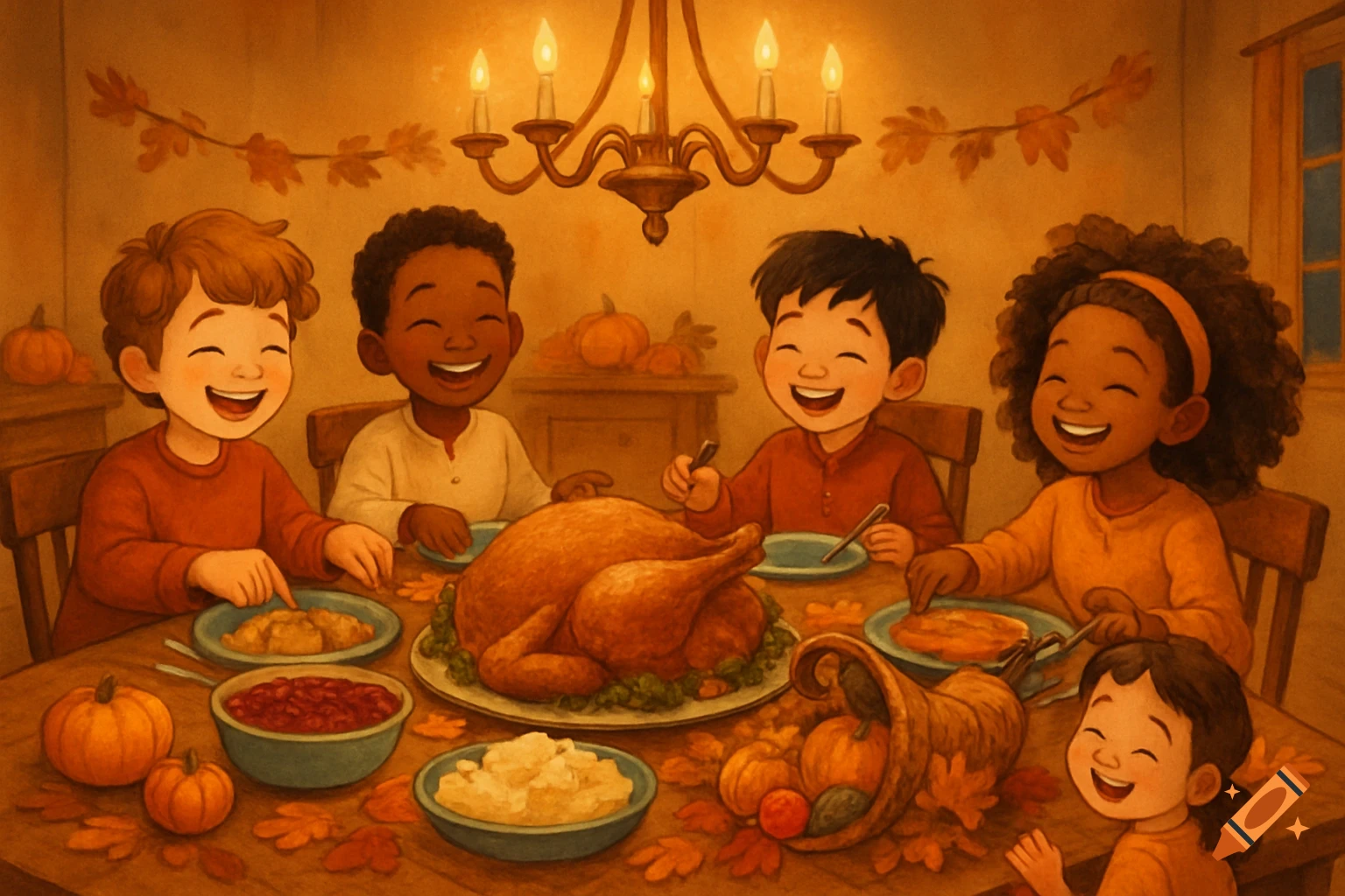 Happy diverse children celebrating Thanksgiving dinner with a turkey and festive food, in a warm illustration style.