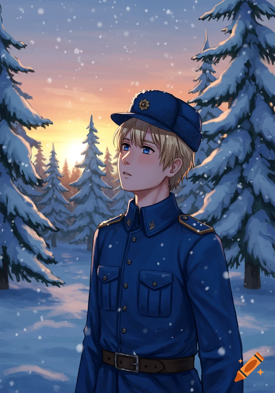 A young, blonde anime man in a blue military uniform and hat blushes while looking up in a snowy winter forest at sunset.