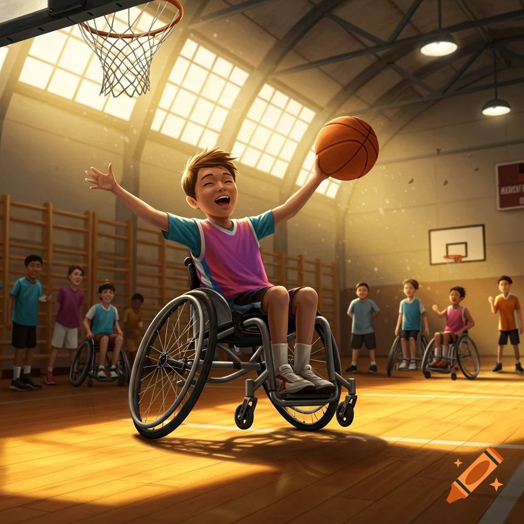 A joyful boy in a wheelchair raises a basketball under a hoop, surrounded by other children in wheelchairs in a sunlit gym.