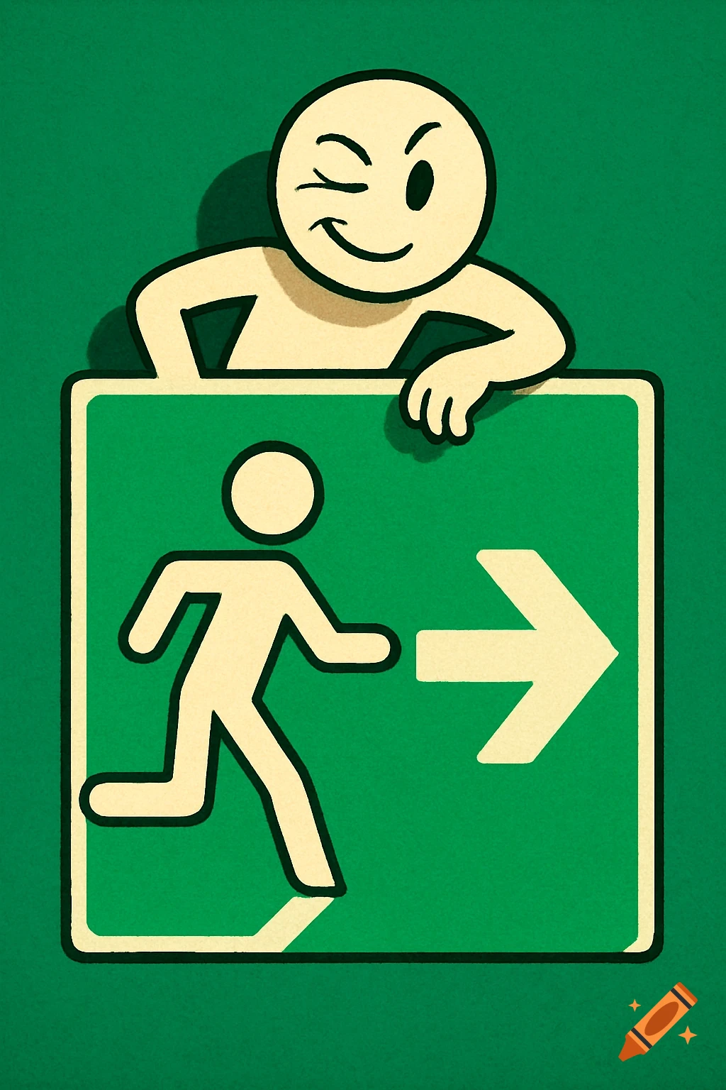 A cartoon character winking and smiling, peeking over a green emergency exit sign featuring a running person and an arrow.