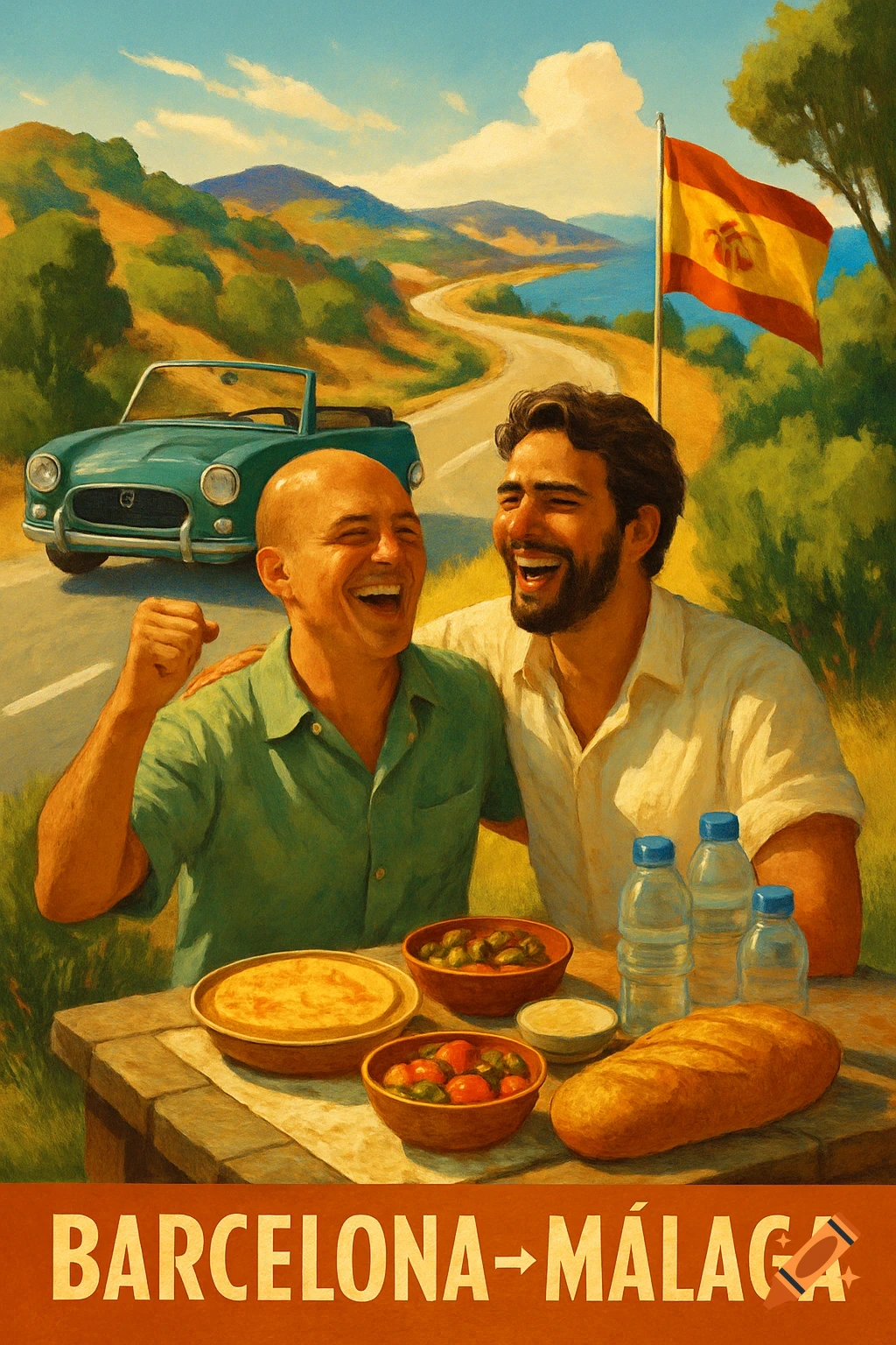 Retro poster art of two laughing men by a vintage car and Spanish picnic, with a Spanish flag and winding road through a Mediterranean landscape. Text reads 'BARCELONA -> MÁLAGA'.