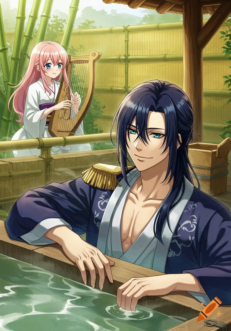 Anime man with dark hair relaxing in an onsen as a pink-haired woman plays a harp nearby.