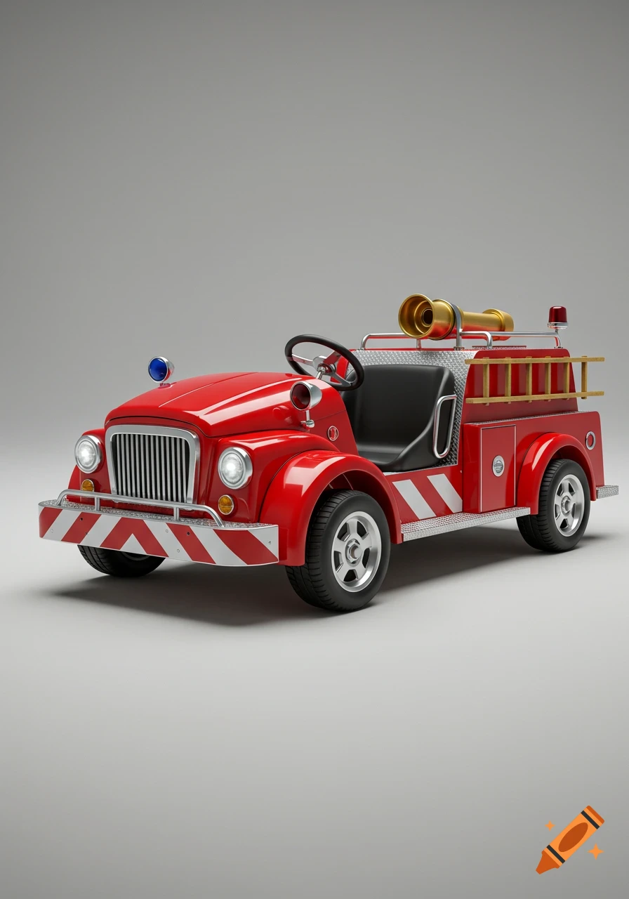 A shiny red toy fire truck with a gold horn, silver grille, and striped bumper, on a grey background.