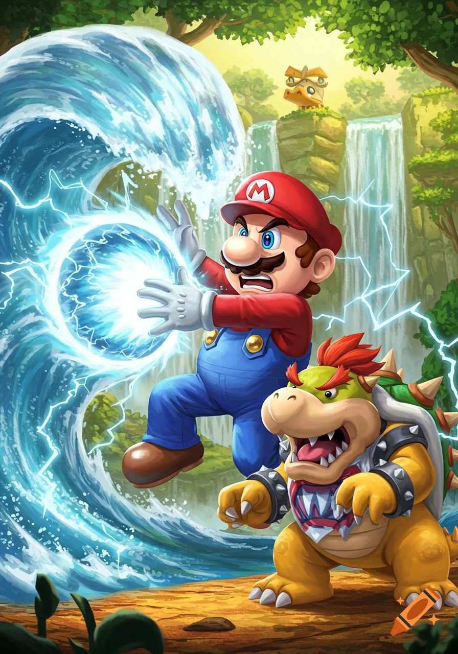 Mario, channeling energy, unleashes a powerful blue Kamehameha blast towards Bowser Jr. in a vibrant jungle with waterfalls.