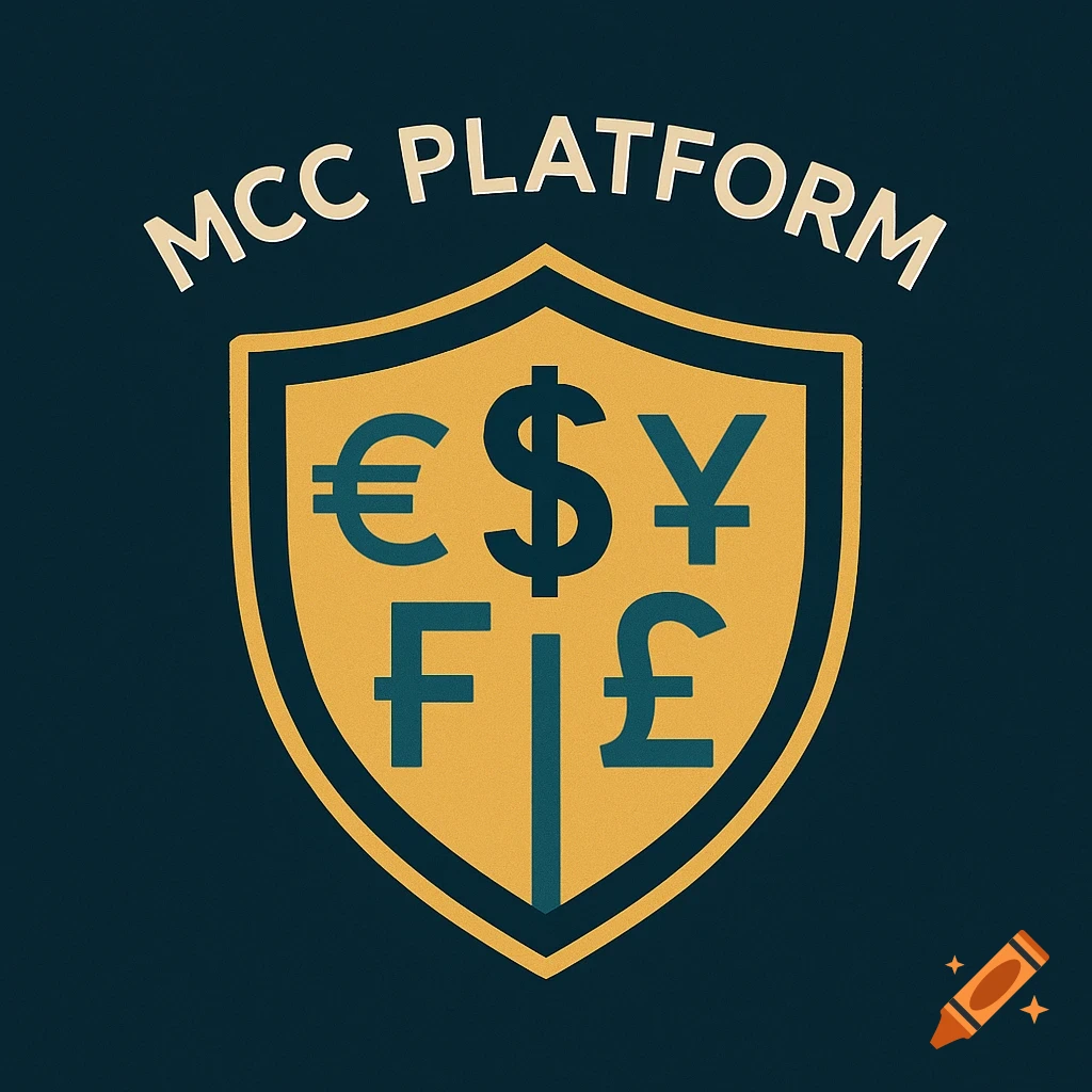 A gold shield logo on a dark blue background, featuring Euro, Dollar, Yen, Franc, and Pound currency symbols. Text 'MCC PLATFORM' is curved above the shield.