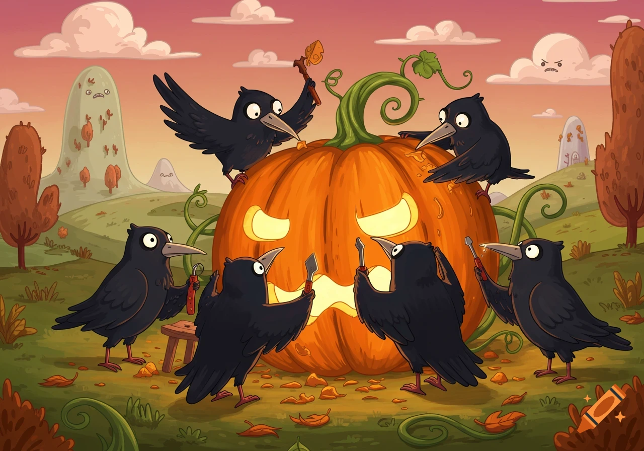 Cartoon crows carve a jack-o'-lantern in a whimsical landscape, in the style of Adventure Time.