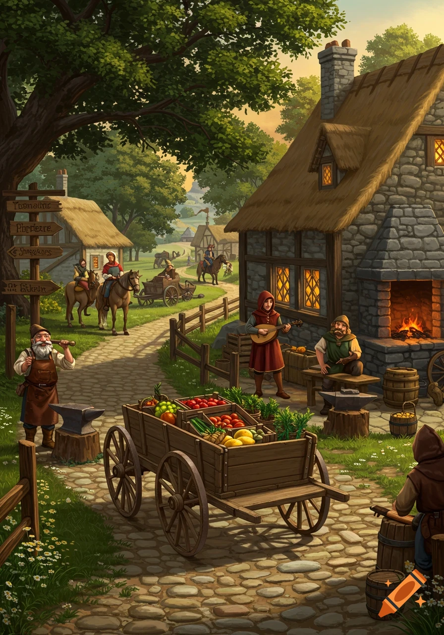 A vibrant illustration of a medieval village market street with people, horses, and a cart of produce on a cobblestone path. A blacksmith works, and a bard plays music.