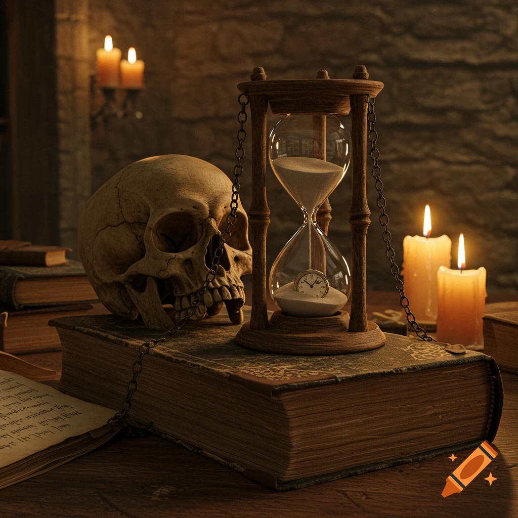 A skull rests on old books next to a wooden hourglass with a small clock inside its base, lit by candles in a dark room.