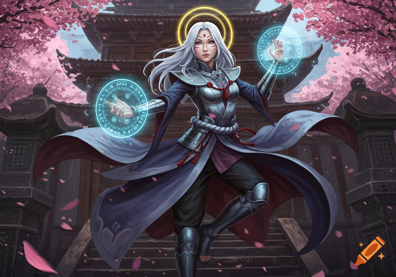 A white-haired female warrior with a halo and glowing magical circles in her hands, standing before a traditional Japanese temple with cherry blossoms. Digital art.