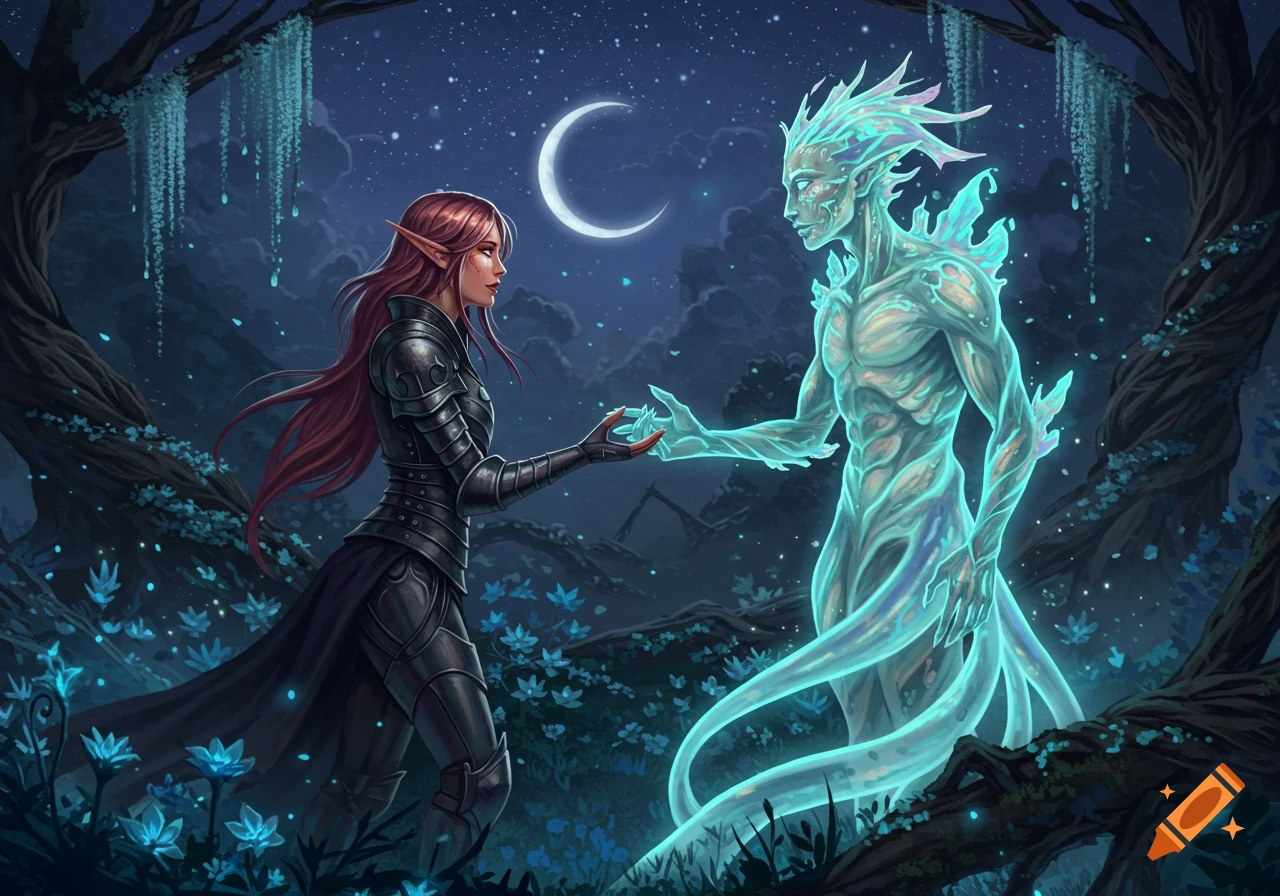 An armored elf-like woman and a glowing ethereal spirit reach hands in a moonlit, magical forest with glowing blue plants, fantasy art.