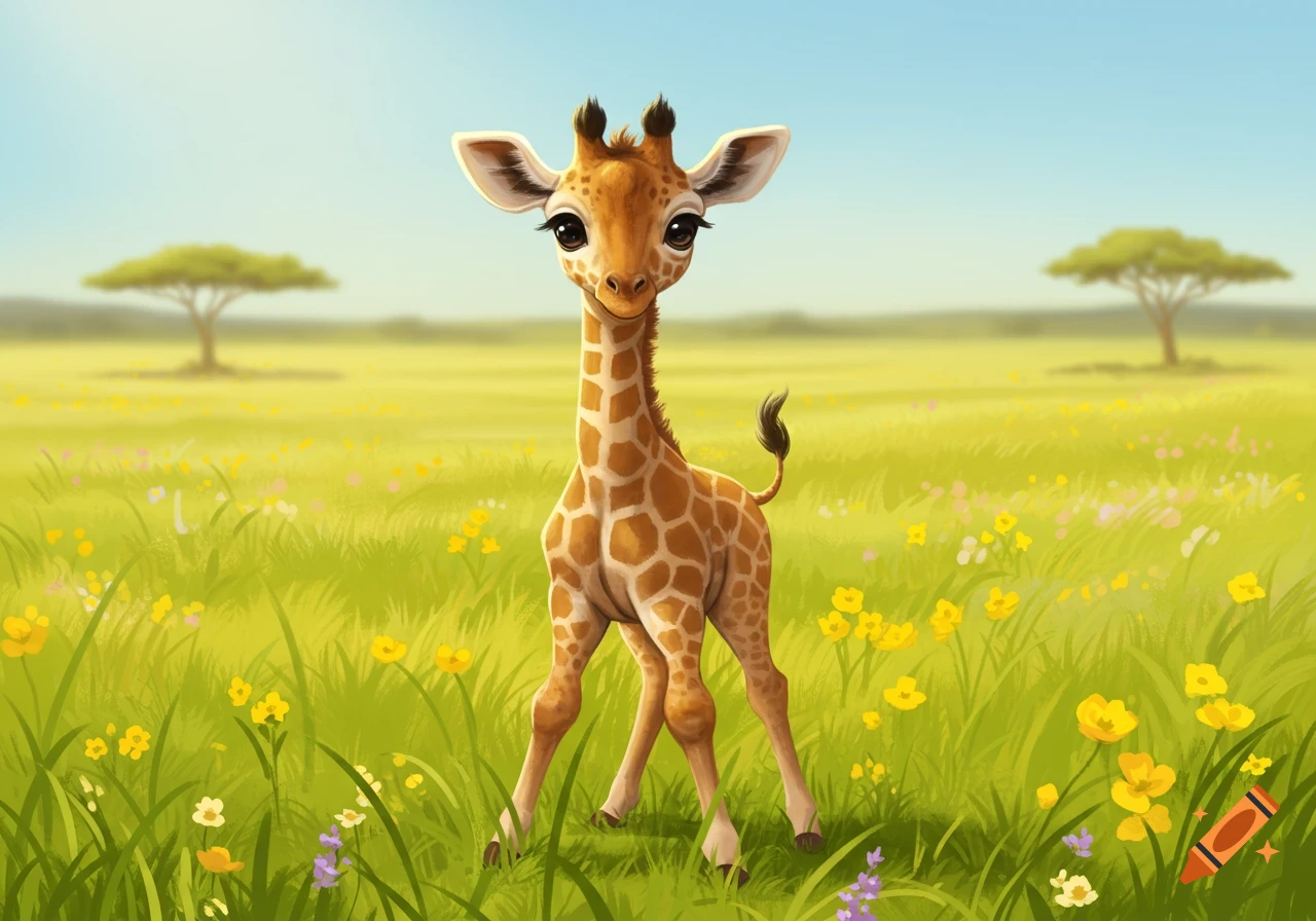 A cute, cartoon baby giraffe with big eyes stands in a vibrant green meadow filled with yellow and purple flowers under a blue sky.