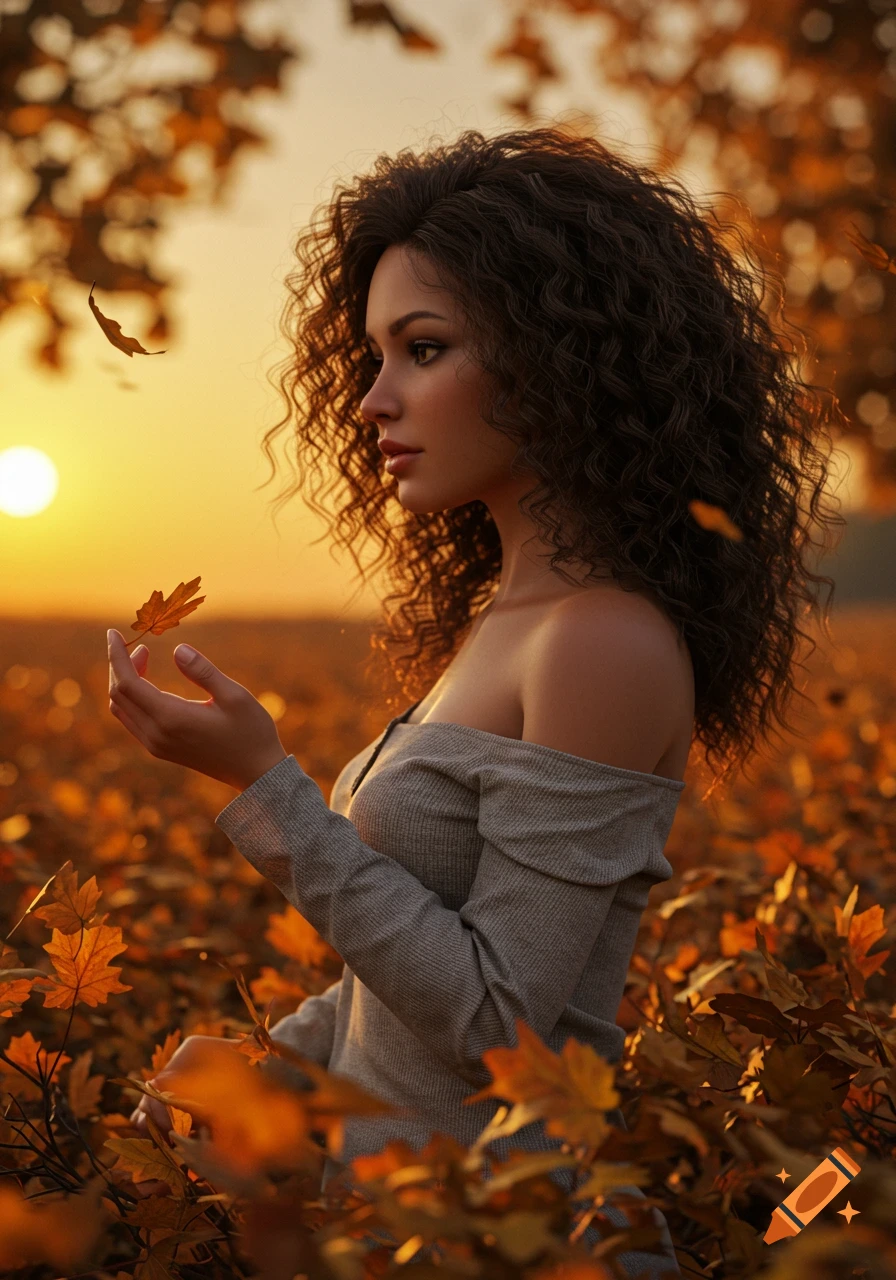 A photorealistic portrait of a woman with curly hair holding an autumn leaf in a field of golden foliage during a warm sunset.
