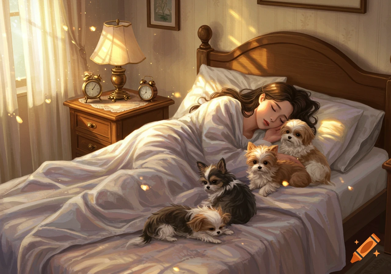 A young woman sleeps peacefully in a sunlit bed, surrounded by four small fluffy dogs, in a digital painting style.