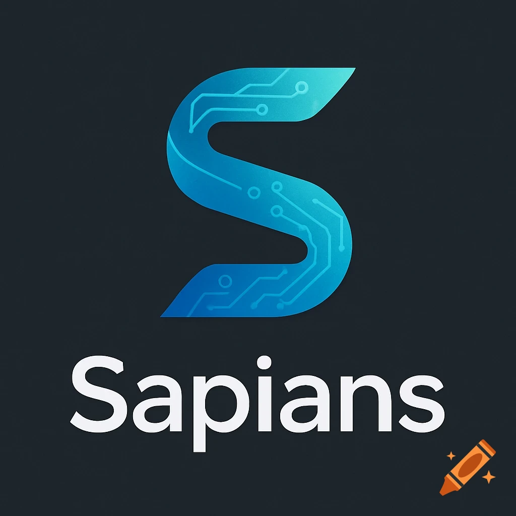 A blue letter S with circuit board patterns above the white word 'Sapians' on a dark gray background.
