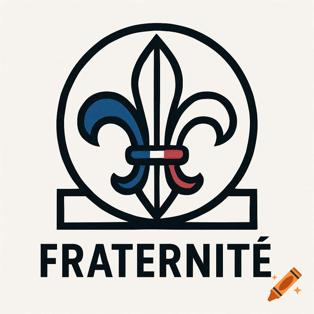 A black-outlined Fleur-de-lis logo with blue, white, and red accents inside a circle, above the word FRATERNIT É.