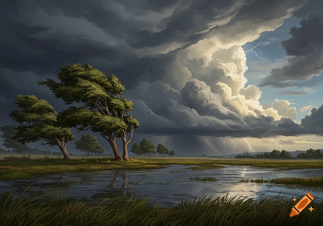 A dramatic digital painting of a stormy landscape with wind-swept trees, dark clouds, lightning, and a reflective body of water.