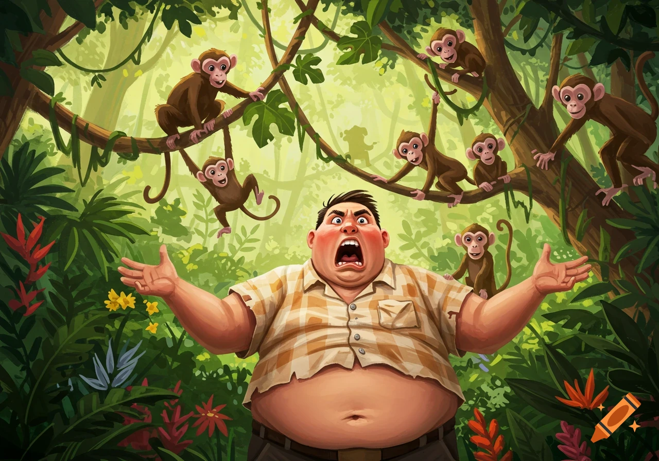 A cartoon of an angry, overweight man yelling in a lush jungle, surrounded by several mischievous monkeys.