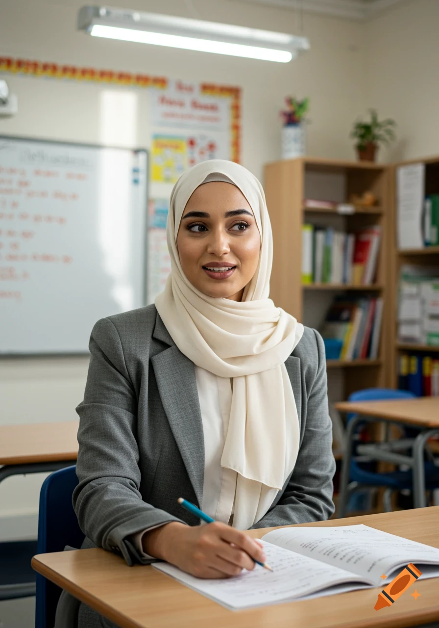 A smiling woman wearing a beige hijab and a grey blazer sits at a wooden desk in a classroom, writing in an open notebook with a blue pencil.