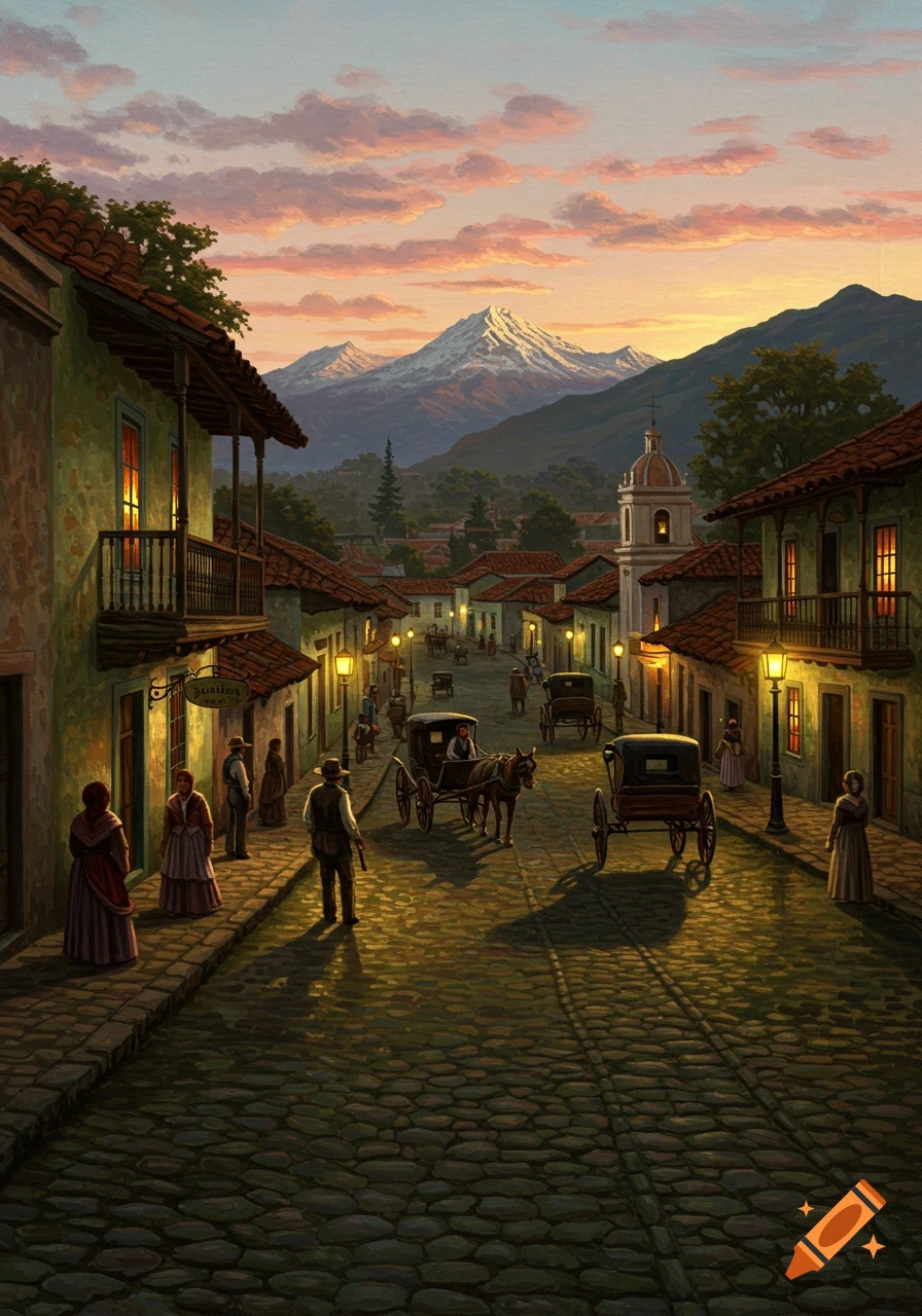 A romanticist painting of an 1800s Chilean city street at sunset, with horse-drawn carriages, people, and snow-capped mountains in the background.