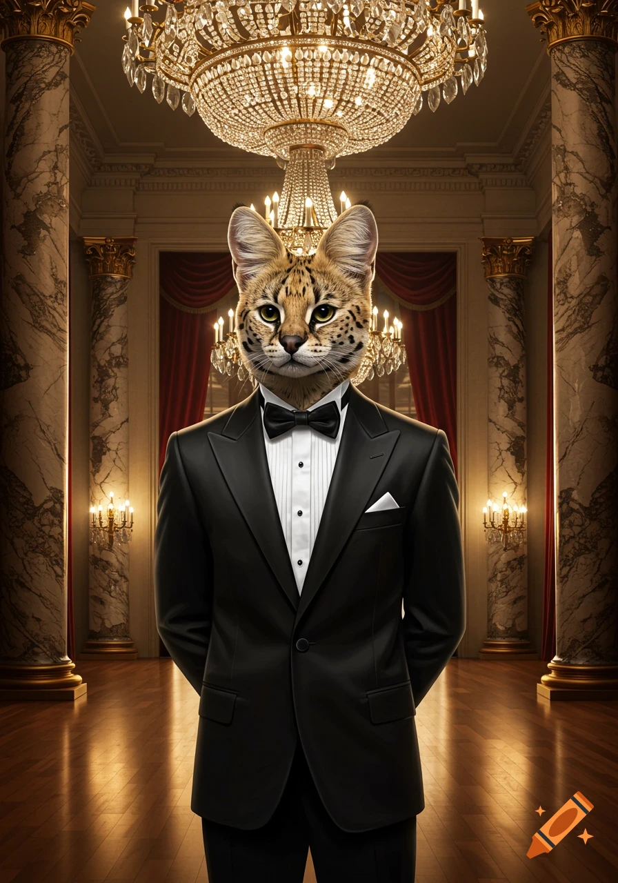 A photorealistic image of a serval cat wearing a black tuxedo and bow tie, standing in an ornate, luxurious ballroom with chandeliers and marble columns.