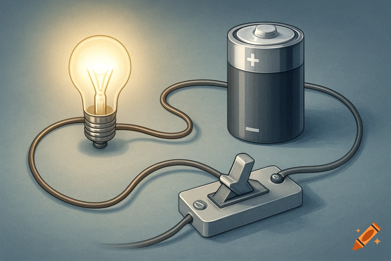 An isometric illustration of a simple electrical circuit with a lit light bulb, a battery, and a toggle switch.