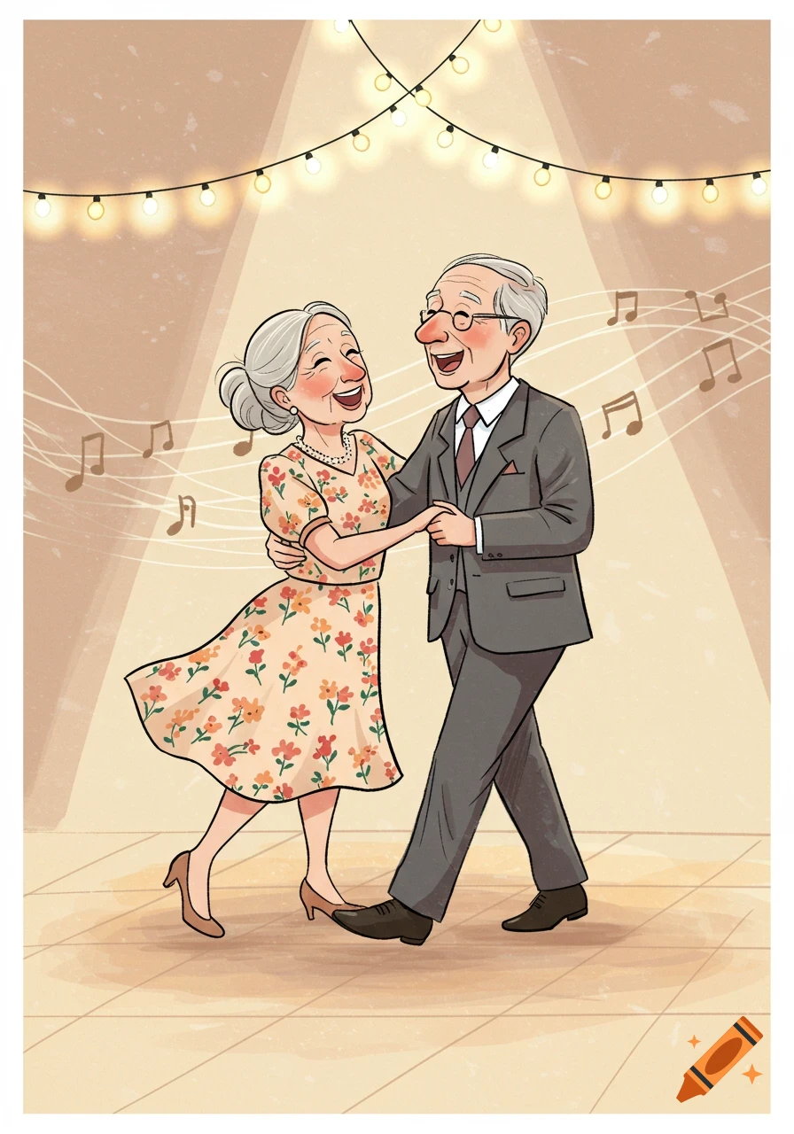 A cheerful cartoon sketch of an elderly couple dancing together under string lights with musical notes around them.
