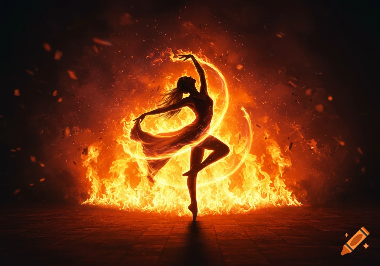 An elegant silhouette of a dancer performing amidst vibrant orange and yellow flames against a dark background.