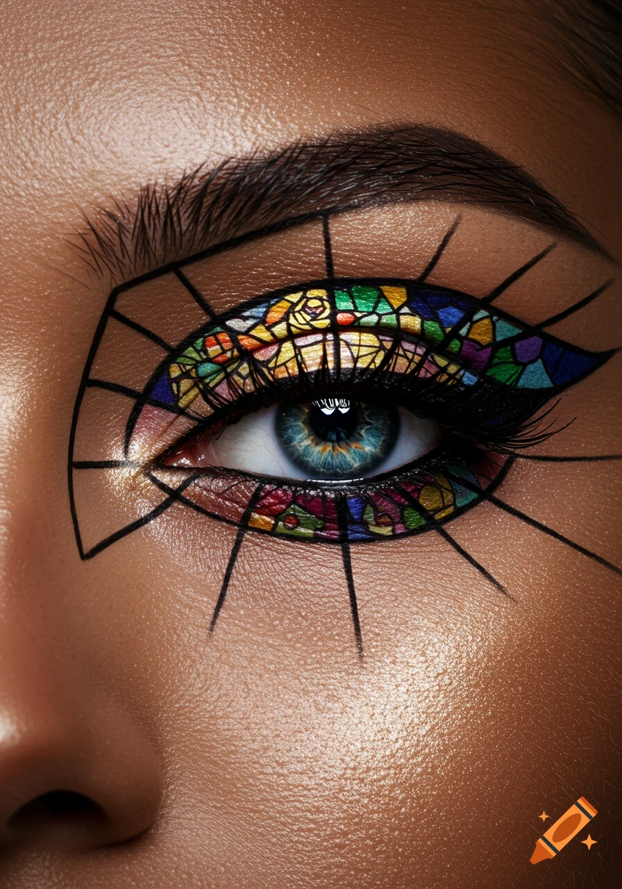 Close-up of an eye with intricate, colorful stained glass window-inspired makeup, featuring geometric lines and vibrant hues.