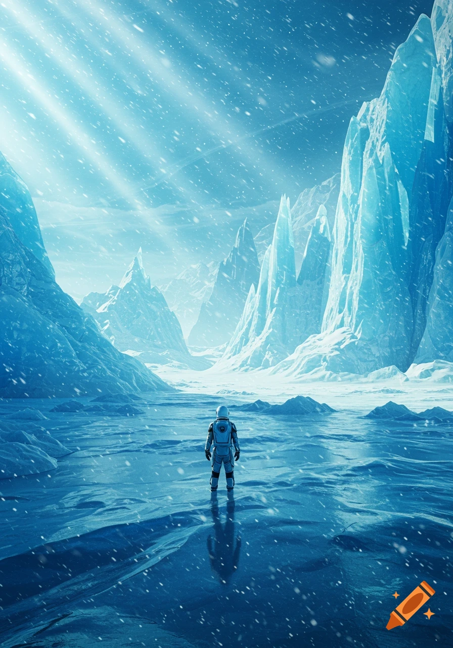 An astronaut stands on a reflective ice surface, surrounded by huge blue ice peaks under a snowy sky.
