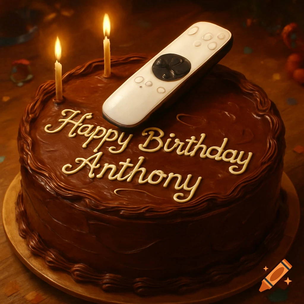 A chocolate birthday cake with "Happy Birthday Anthony" written in icing, topped with two lit candles and a white remote control.