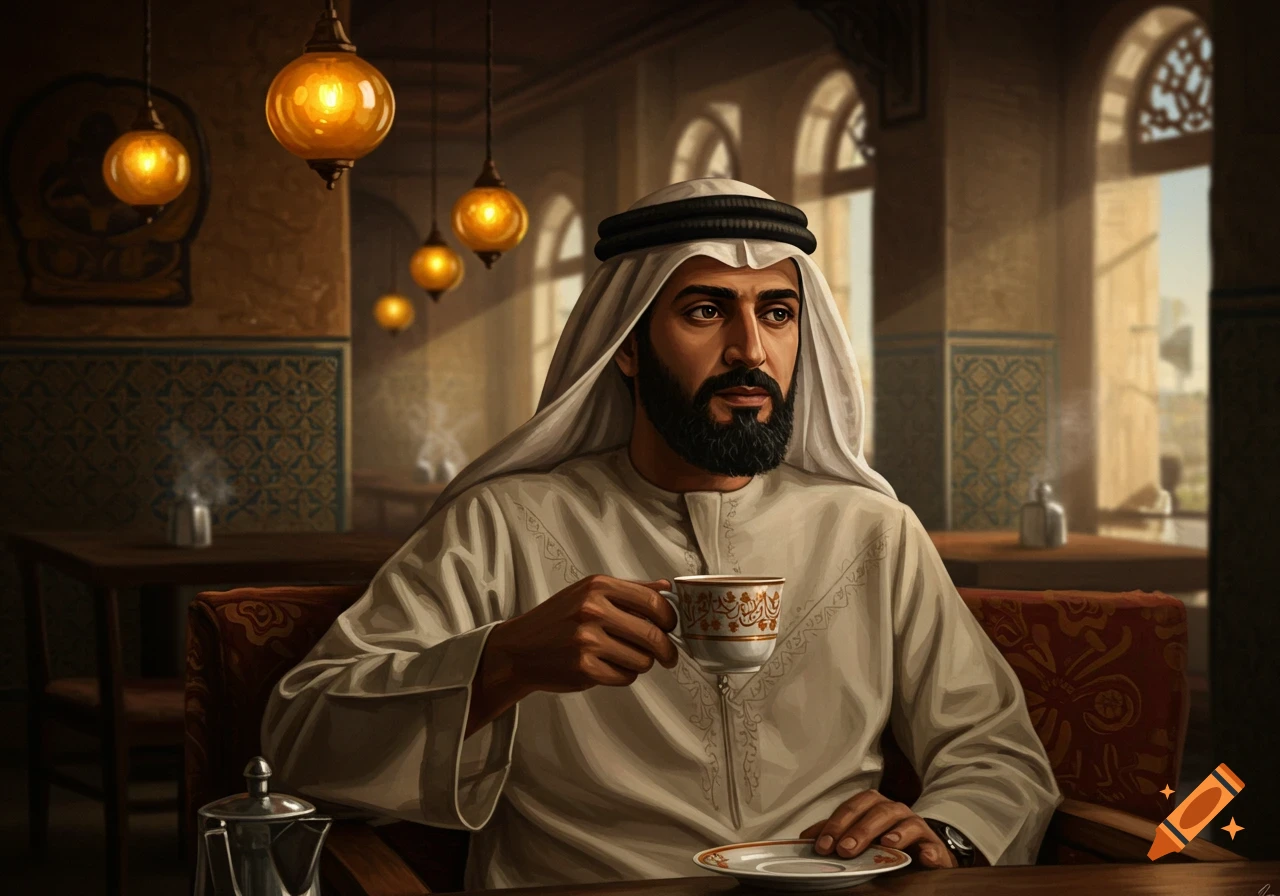 An Arab man with a beard and ghutra sits in a traditional cafe, holding a coffee cup.