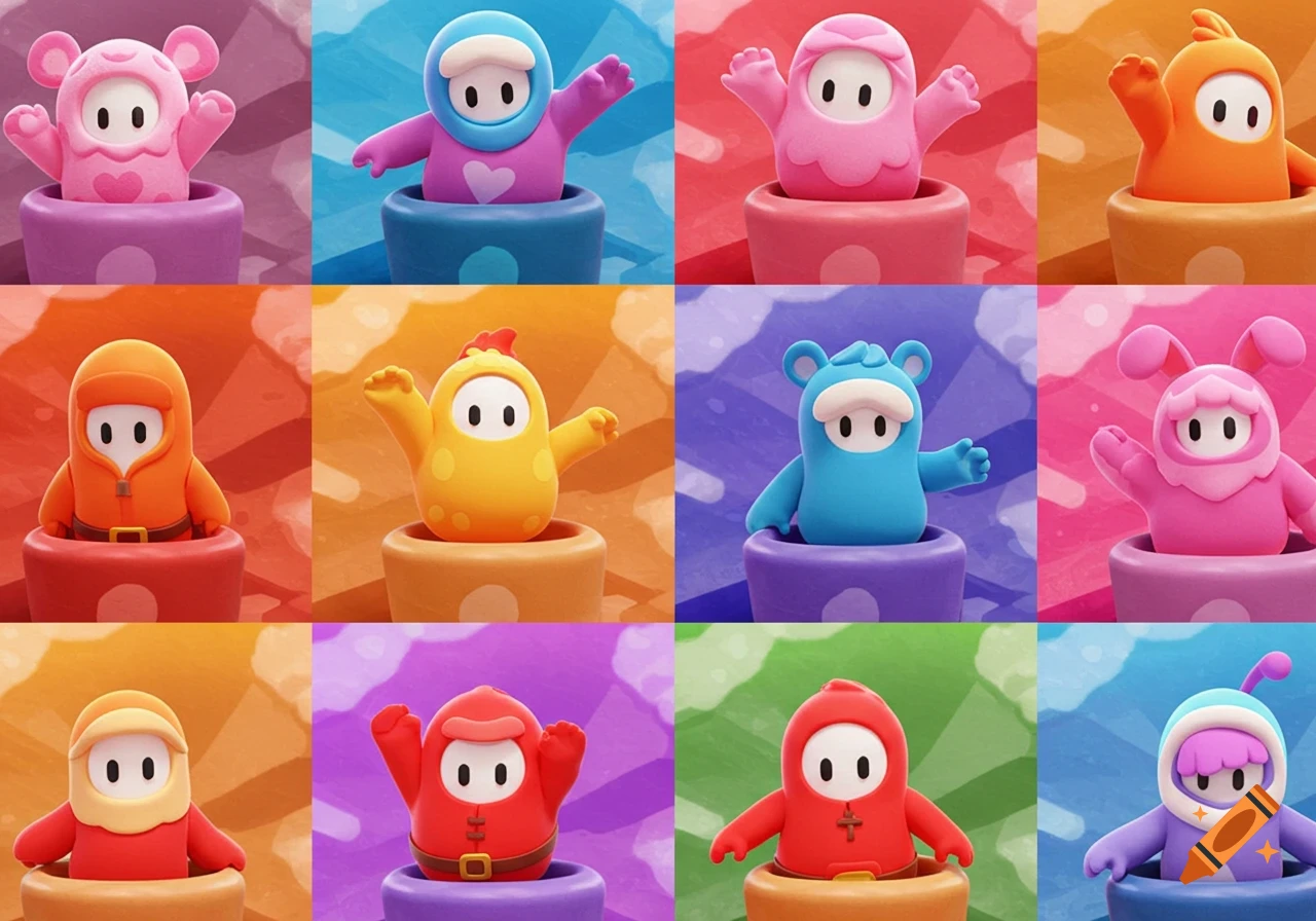 A grid of twelve colorful Fall Guys characters in various costumes, each popping out of a cylinder against a distinct colored background.