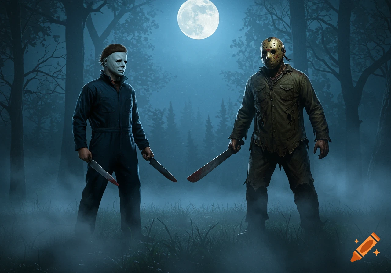 Michael Myers and Jason Voorhees stand in a foggy, moonlit forest, each holding a bloody knife.