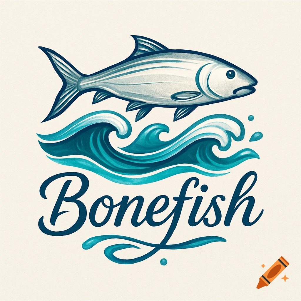 A stylized logo features a grey fish jumping over dark and light blue waves, with the word 'Bonefish' in elegant script below.