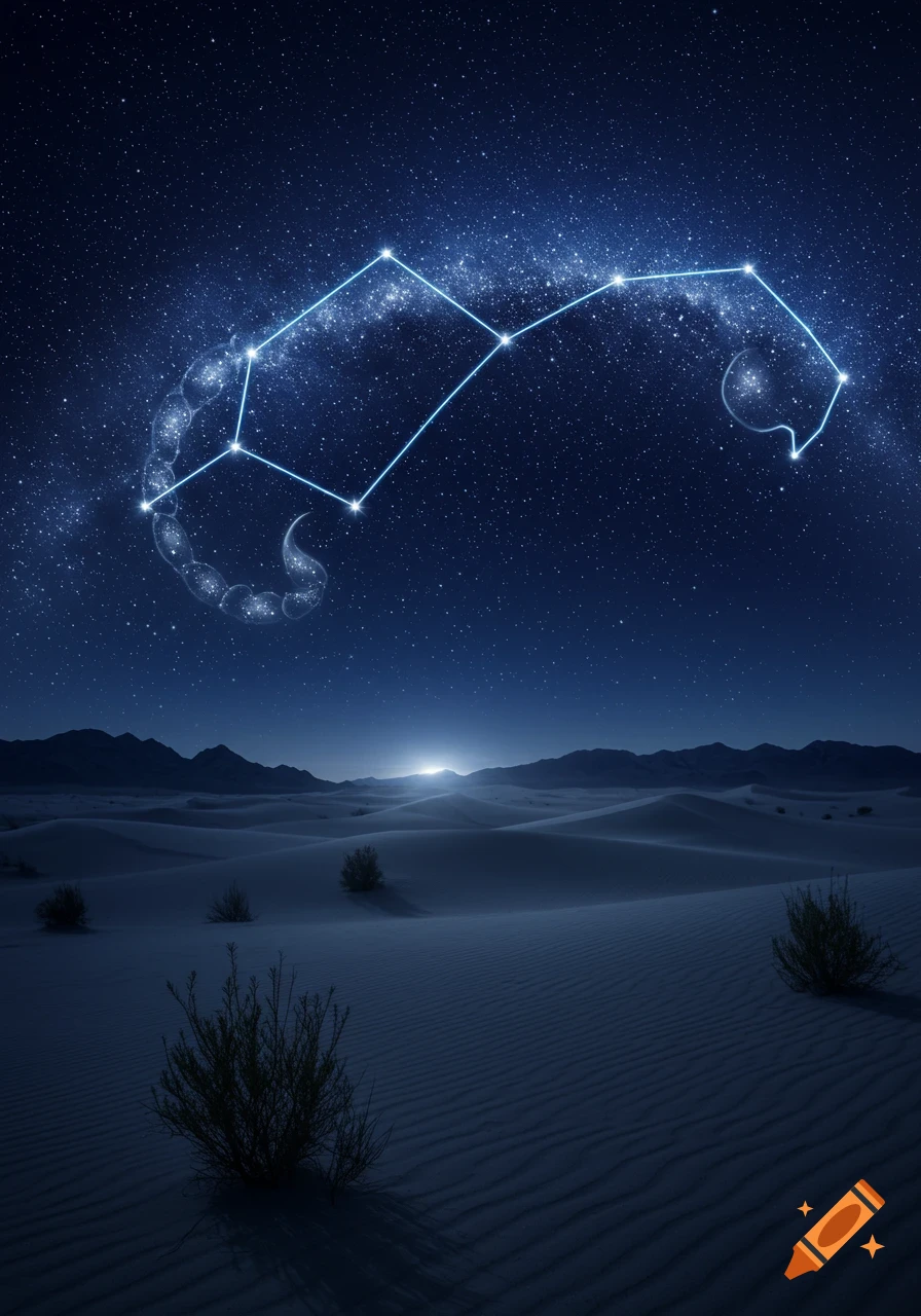 The constellation of Scorpio shines brightly in a star-filled night sky over a vast, dark desert landscape with sand dunes.
