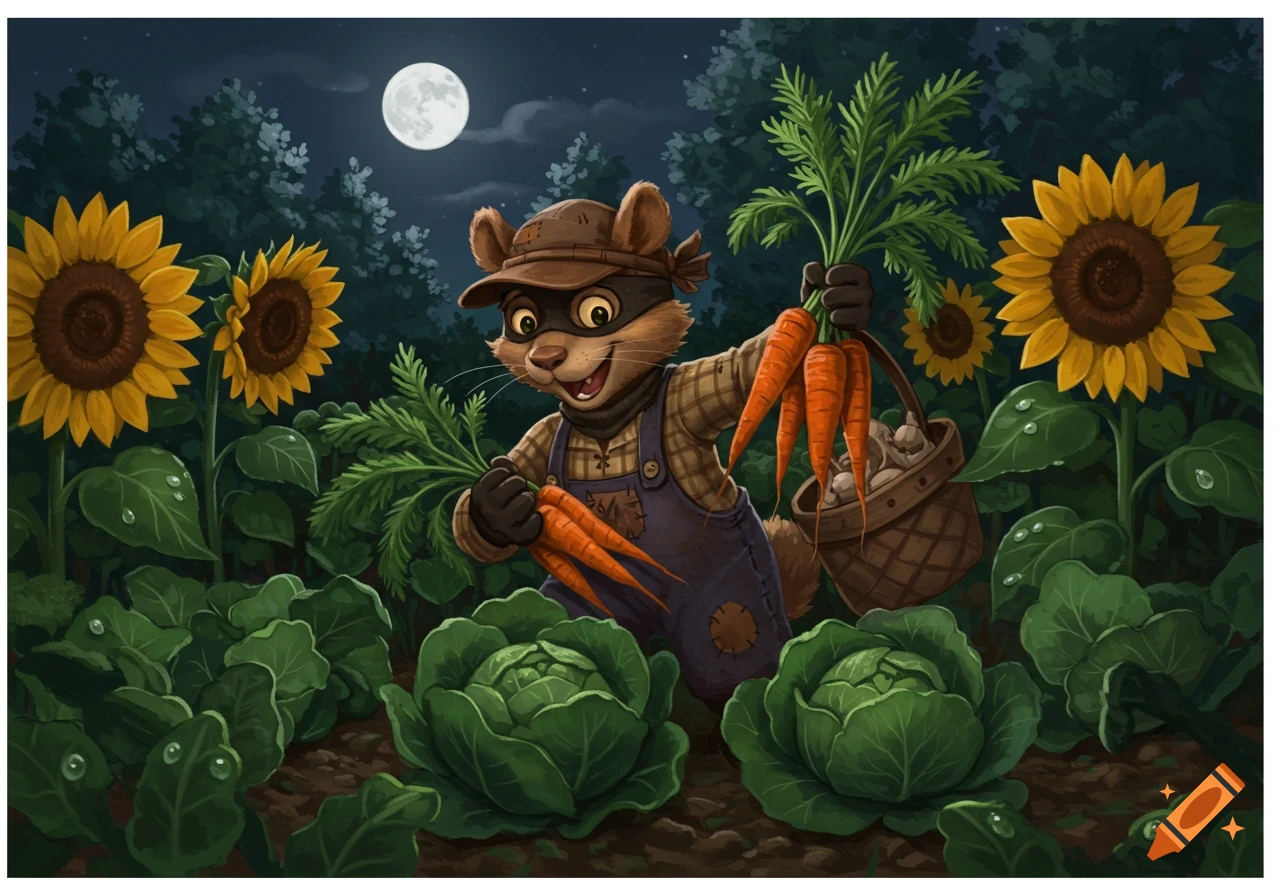 Cartoon raccoon-like creature in a hat and overalls harvests carrots and vegetables in a moonlit garden.