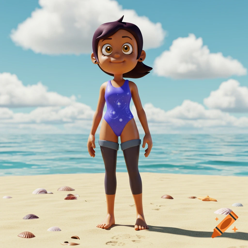 A 3D render of Luz Noceda in a blue one-piece swimsuit with a starry pattern, standing barefoot on a sandy beach.