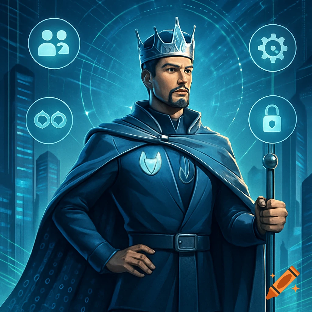 A man in a dark blue king-like suit and cape, wearing a crown and holding a staff, stands before a glowing blue digital cityscape with tech icons.