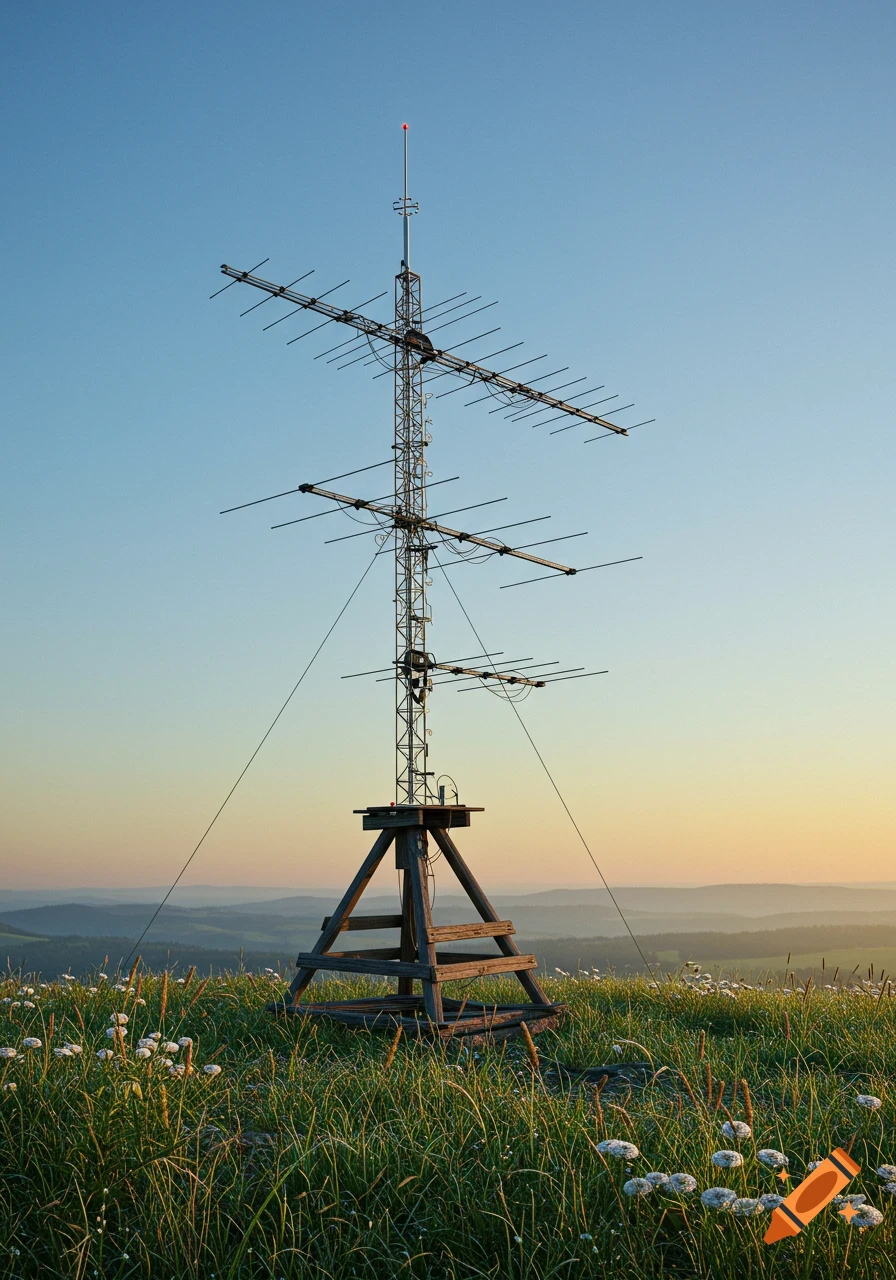 A tall amateur radio antenna tower on a grassy hill with white flowers, set against a clear sky and distant rolling hills at sunset.