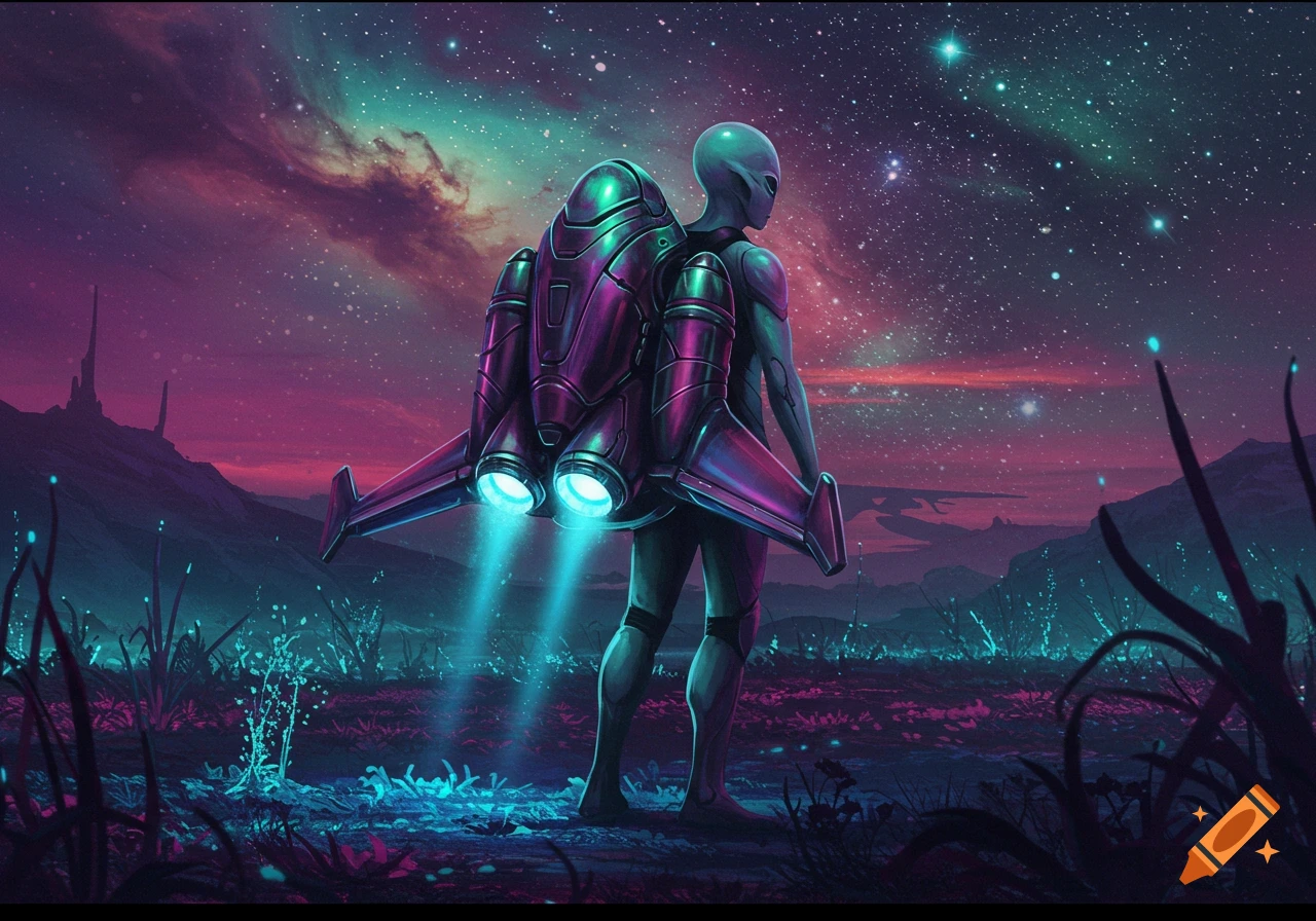 An alien in a futuristic jetpack stands on a vibrant alien planet, looking up at a starry sky with a colorful nebula.