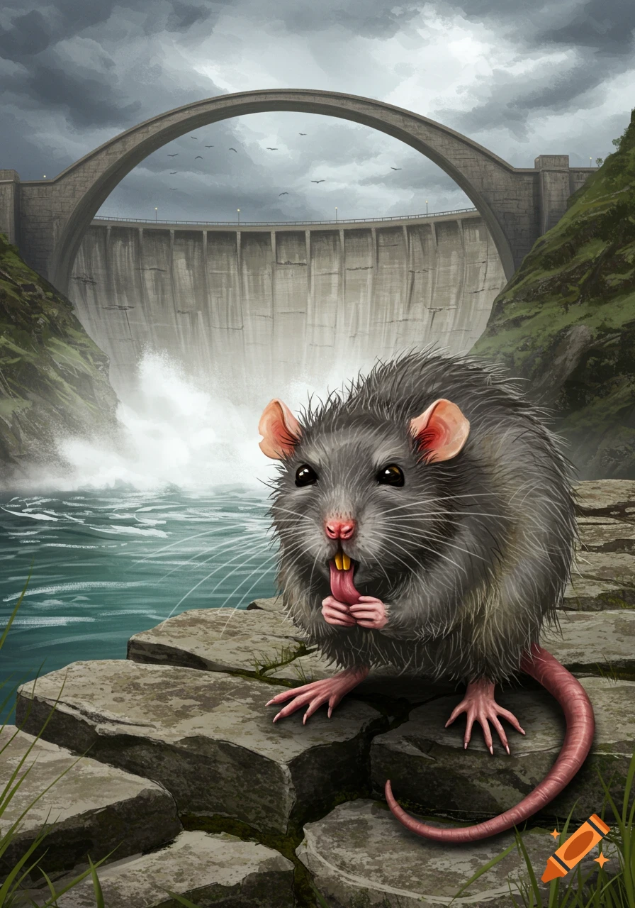 A detailed illustration of a rat licking its paw on rocks by a large dam with water, a bridge, and a cloudy sky.