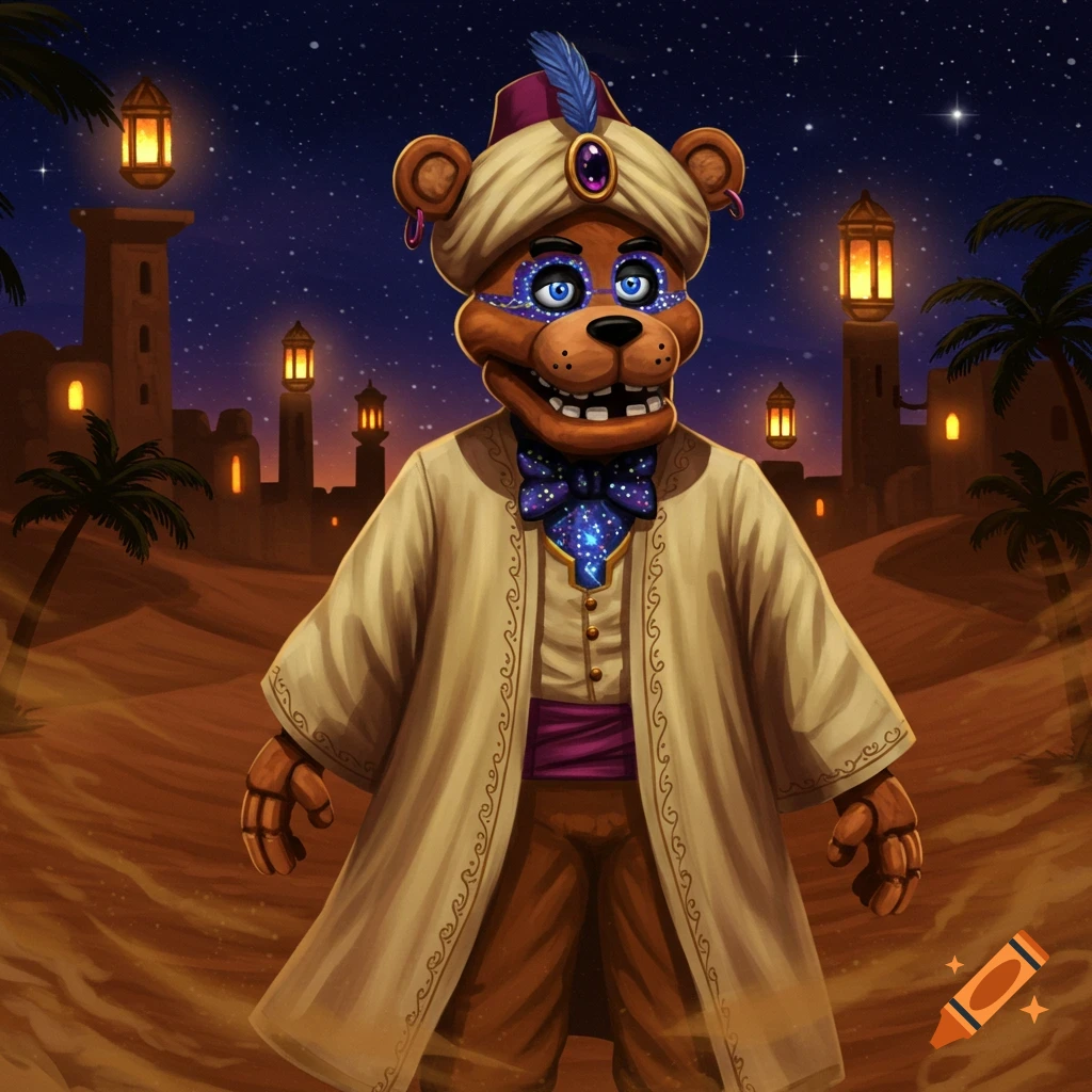 Freddy Fazbear in a turban and robe stands in a stylized desert night scene with buildings and palm trees.