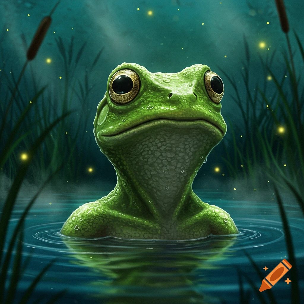 A detailed illustration of a cartoonish green frog peeking out of murky water in a dark swamp with reeds and glowing fireflies.