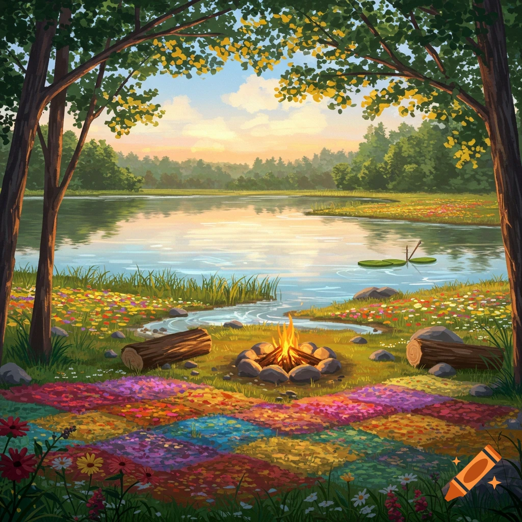 Stylized illustration of a peaceful lake at sunset, framed by trees, with a campfire and colorful patterned flower beds in the foreground.
