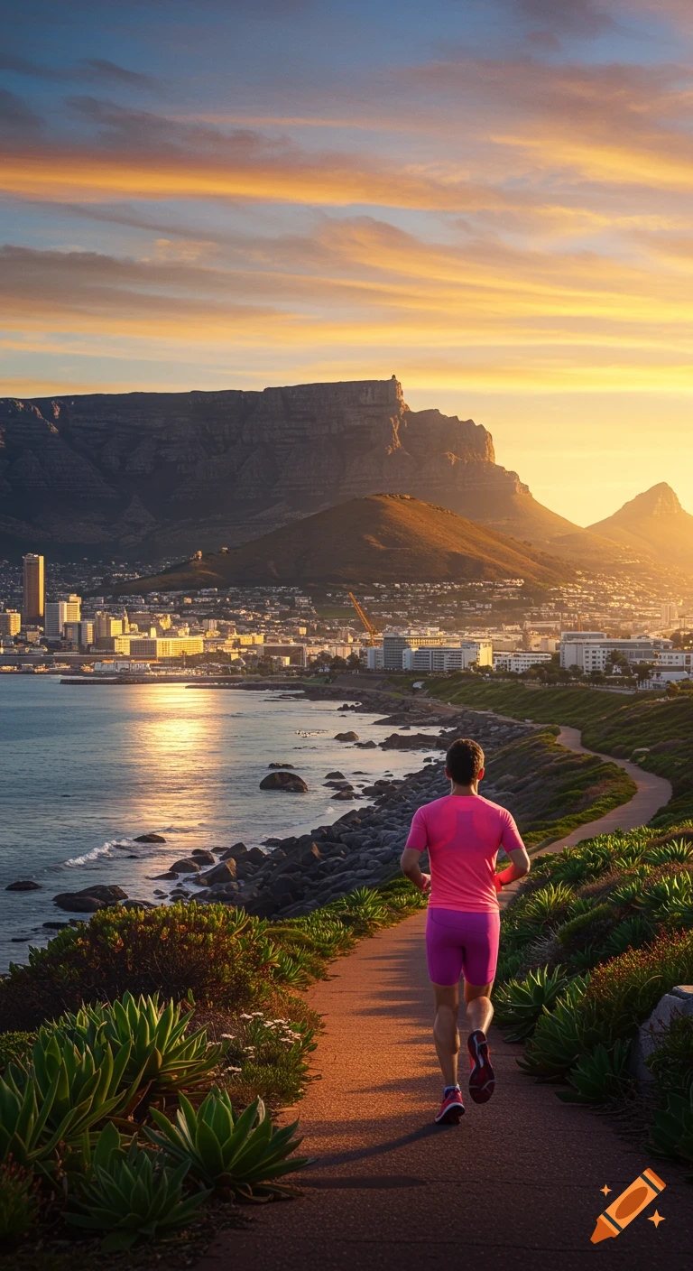 A person in pink shorts and shirt jogs on a coastal path overlooking a city and Table Mountain at sunrise.