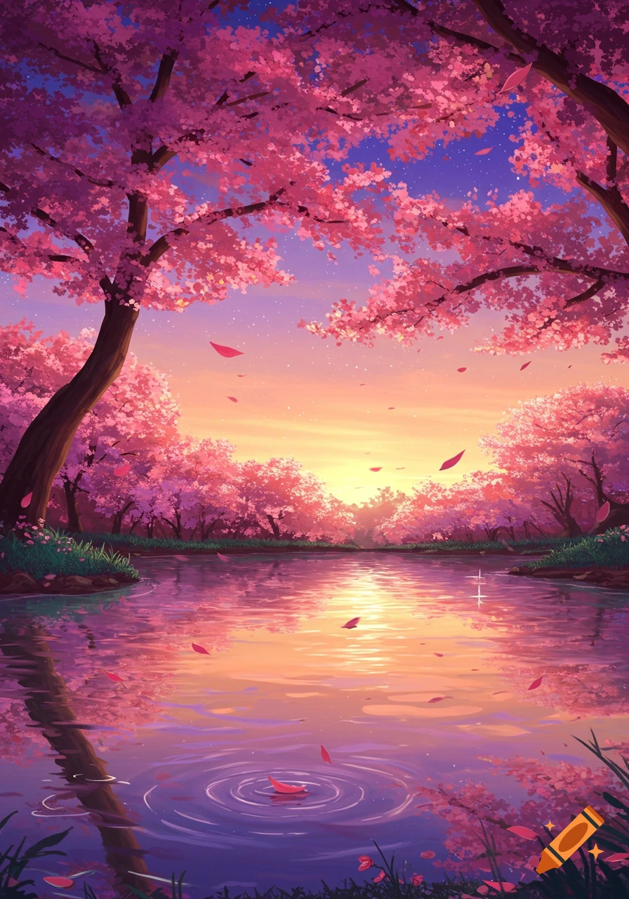 Lush pink cherry blossom trees line a tranquil lake at sunset, with petals falling onto the reflective water in an anime art style.