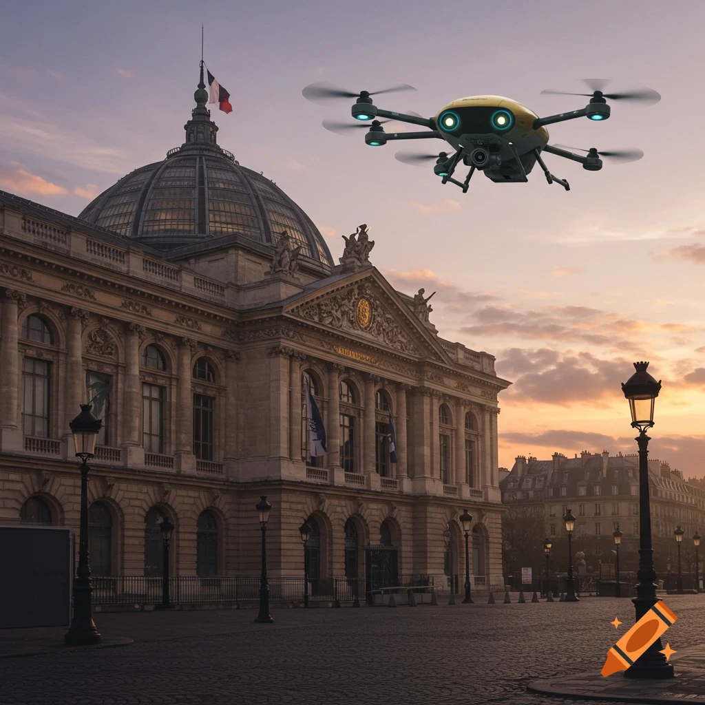 A yellow drone with glowing eyes hovers in front of the ornate Institut de France building at sunset in Paris. The sky has soft orange and purple hues.