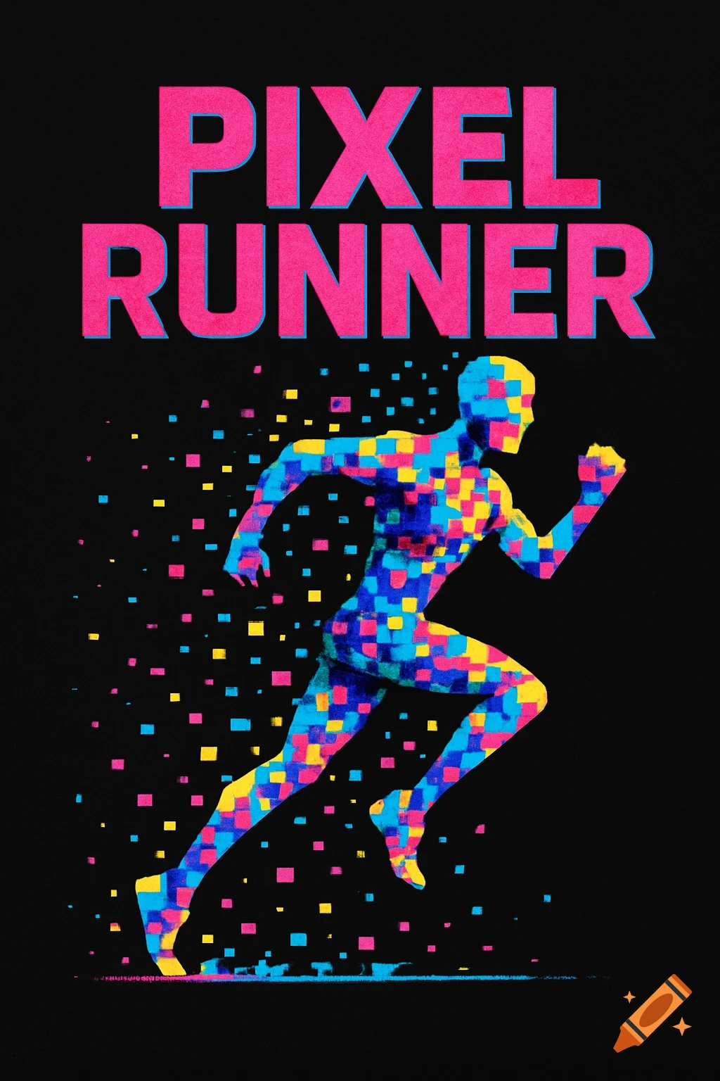 Vibrant pixel art of a runner made of colorful squares, dissolving into pixels, with "PIXEL RUNNER" text.